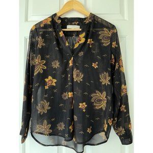 LOFT Sheer Black Floral Blouse with Gold Detail Size SP